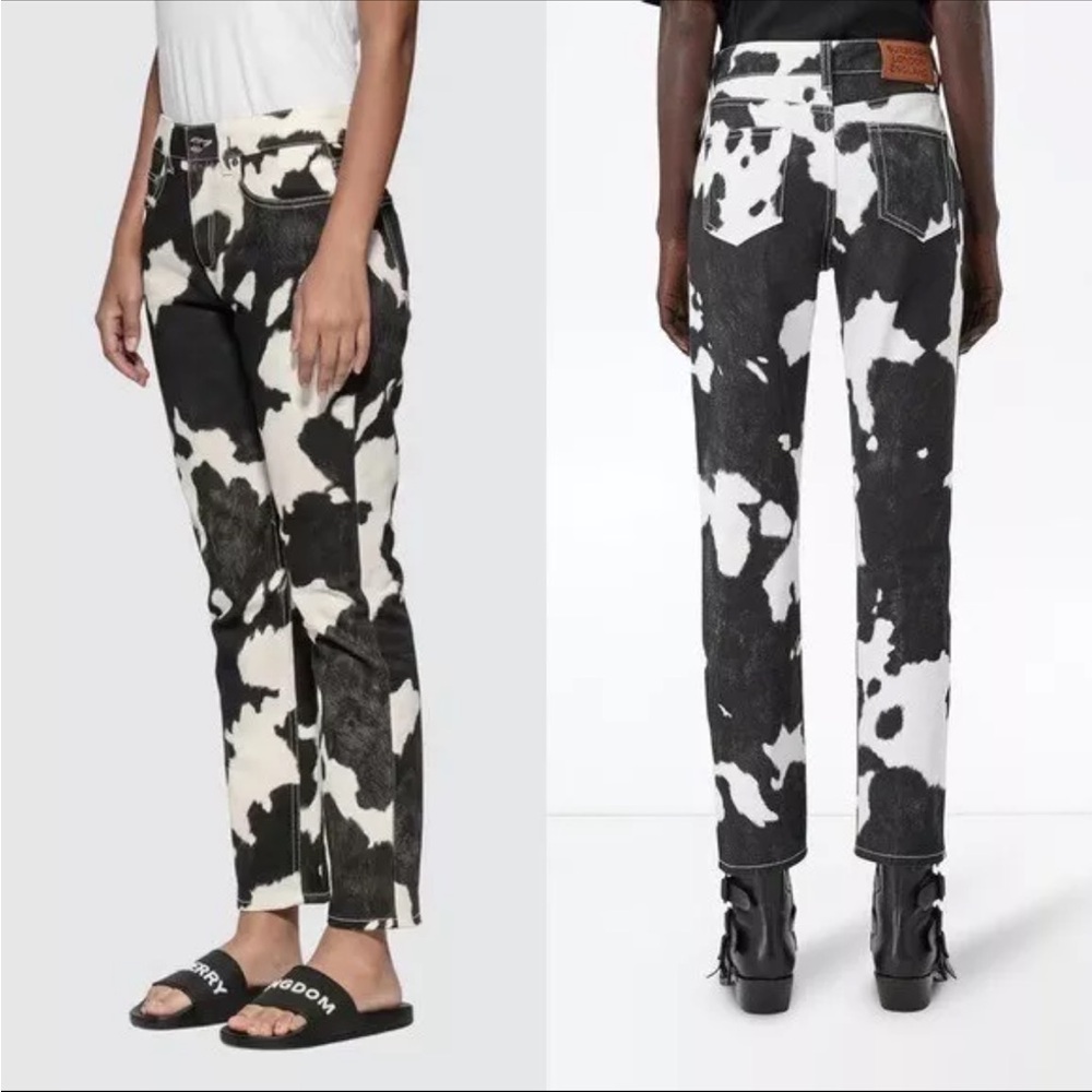 Burberry Slim Cow Print Straight Leg Cotton Jeans Black and White